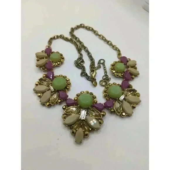 J Crew Gold Chain Necklace Multicolored Crystal Beads Floral Design Statement - Picture 3 of 7